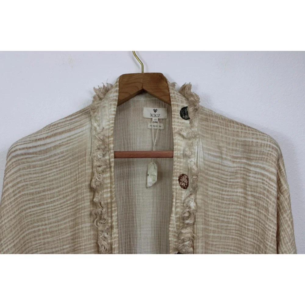 IKIKIZ Kimono Duster Women's OS Crinkle Cotton Cardigan Robe Tribal Missing Belt